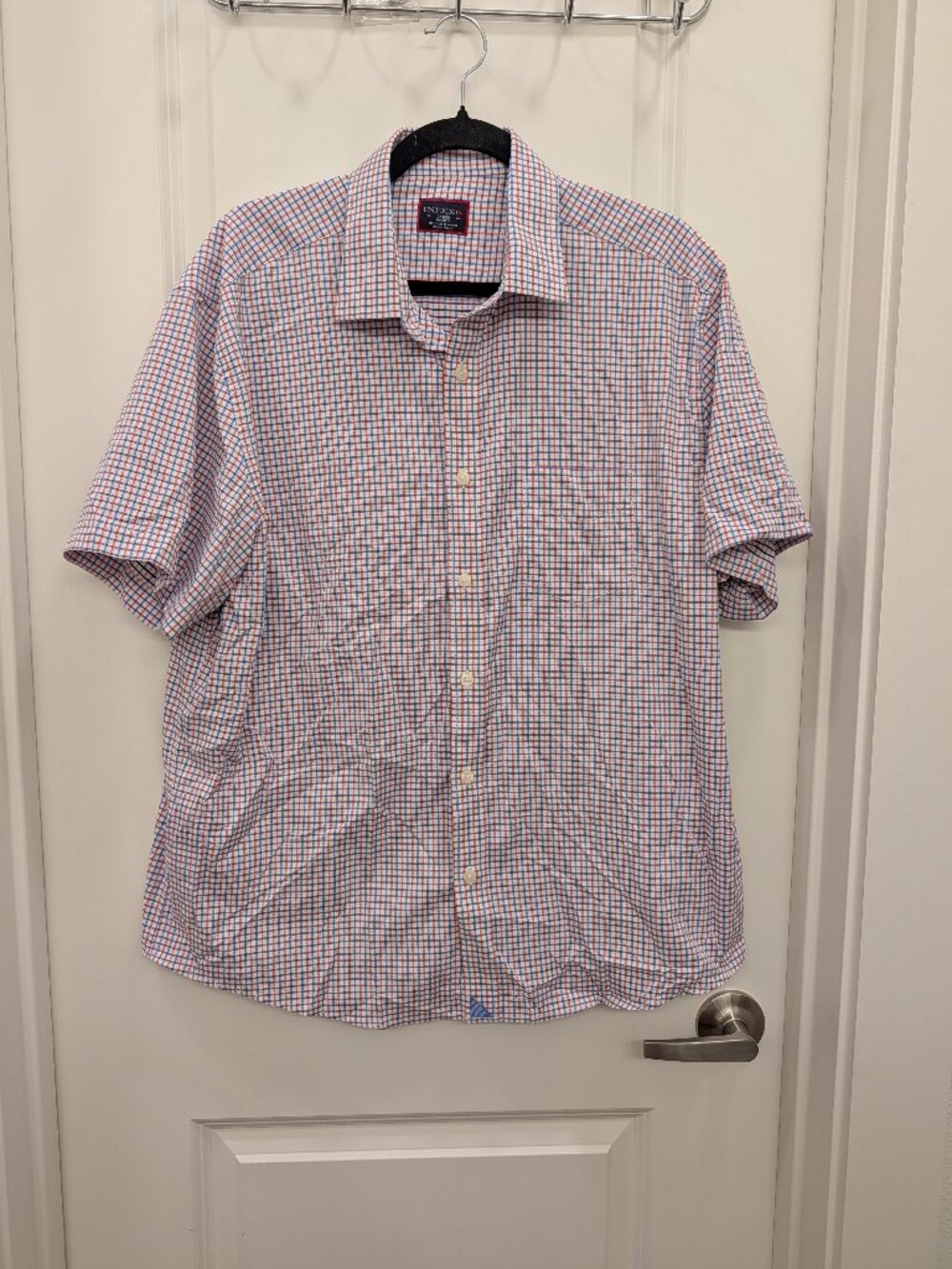 UNTUCKit Men's Short Sleeve Button Down Shirt Large Blue Red Plaid Check